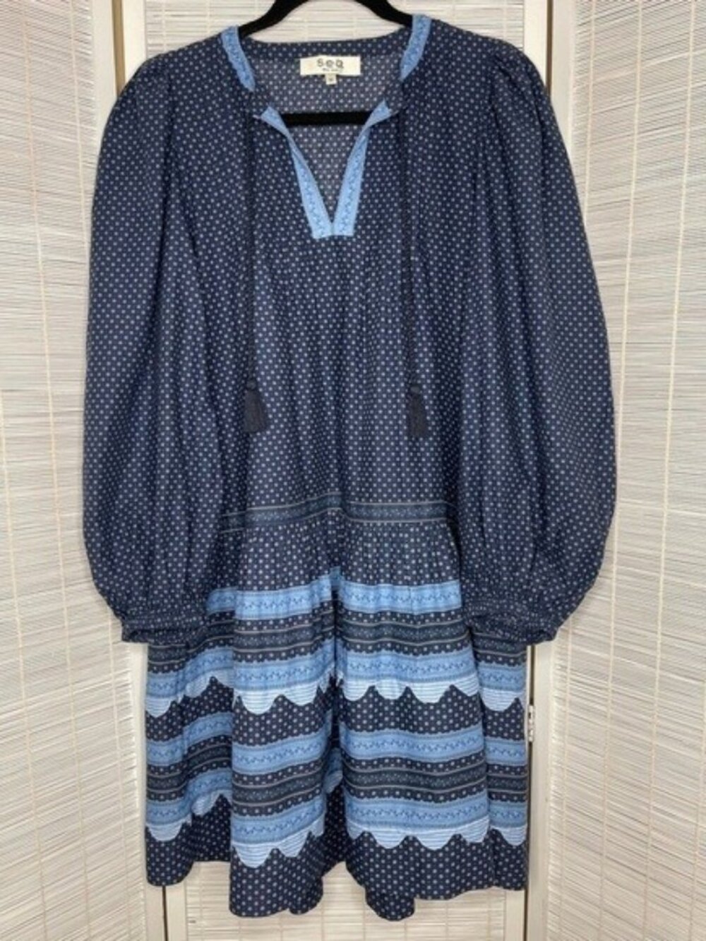 Sea New York Palmer Tunic Dress Blue Print Cotton Tassel Tie Pockets Size XS